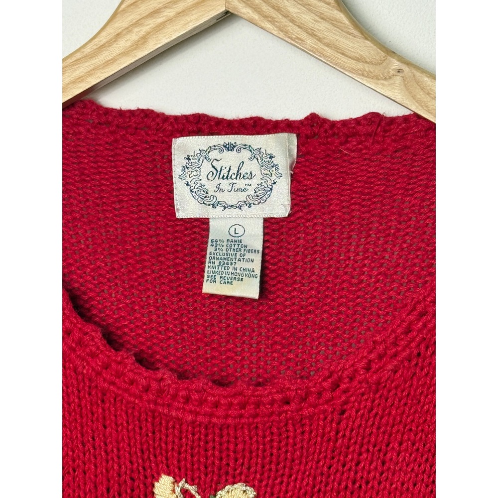 Red Vintage Christmas Tree Embroidered Beaded Sweater Large Stitches In Time - Picture 2 of 7
